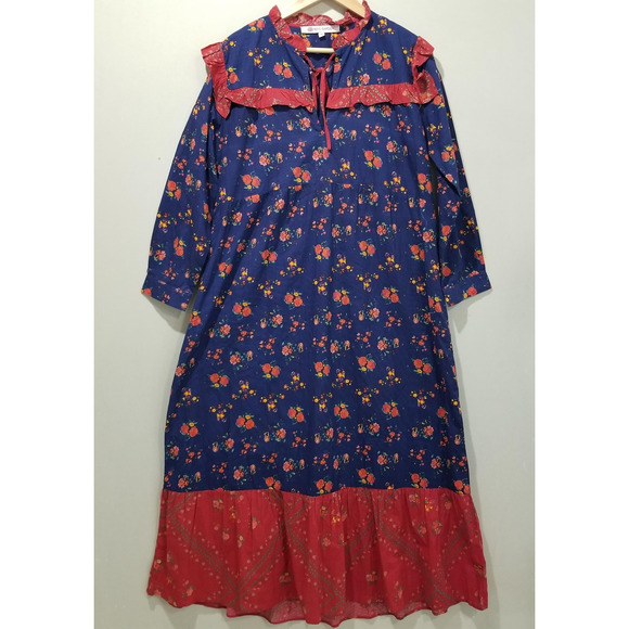 Tuckernuck Ro's Garden Dress Medium Blue Red Floral Ruffle Collar Midi Tie Neck - Picture 1 of 8